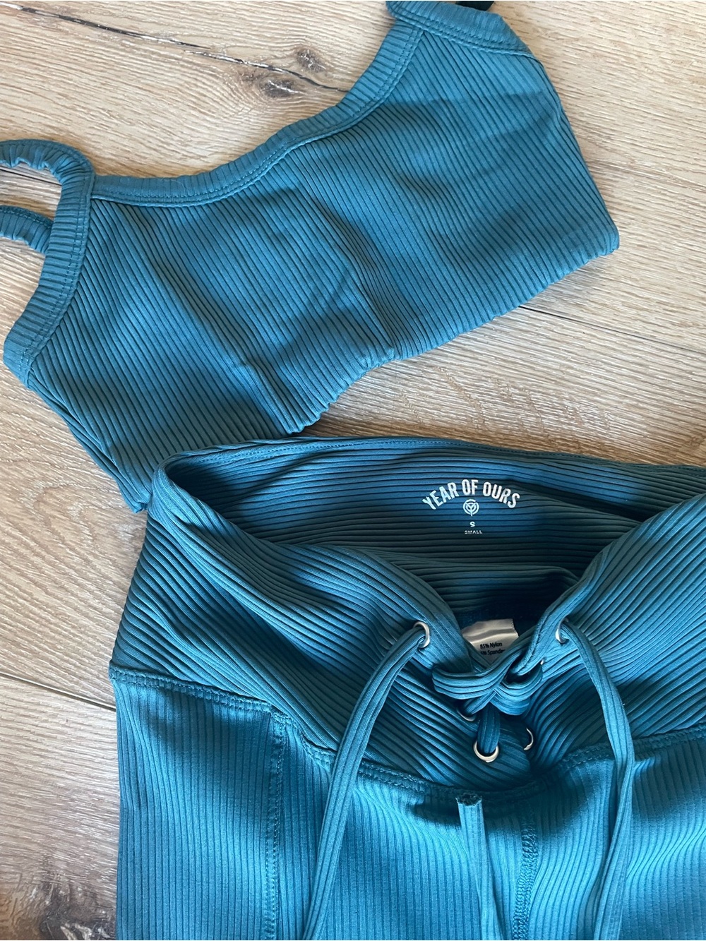 Year of Ours Teal Ribbed leggings and bra set